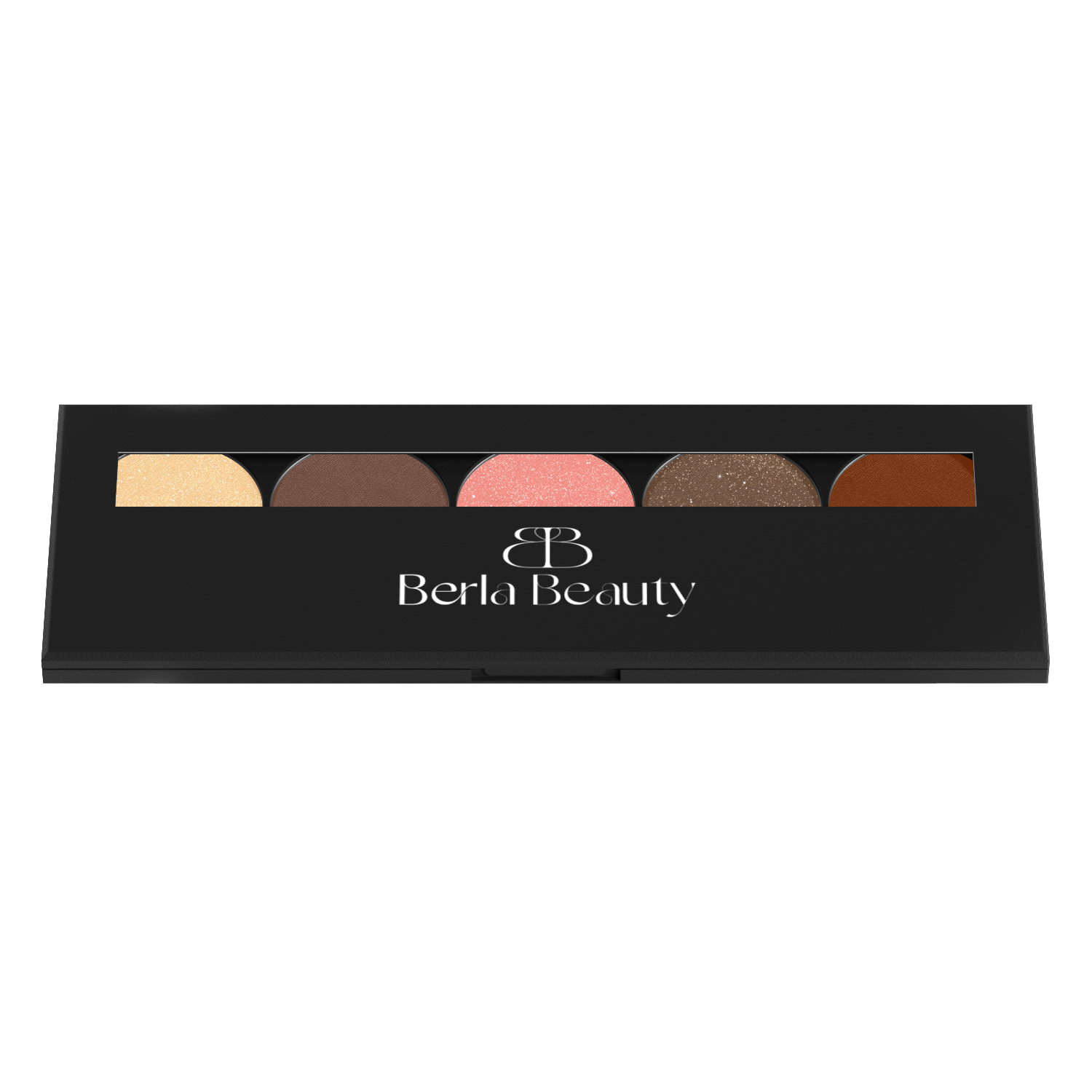 Presenting "Twilight Allure: The Ultimate Eyeshadow Palette" by Berla Beauty, a sleek black case adorned with the logo "BB" and the name "Berla Beauty." This exquisite palette features five stunning shades: light gold, dark brown, pink, shimmery bronze, and warm brown. Each shade offers long-lasting wear and high color payoff.