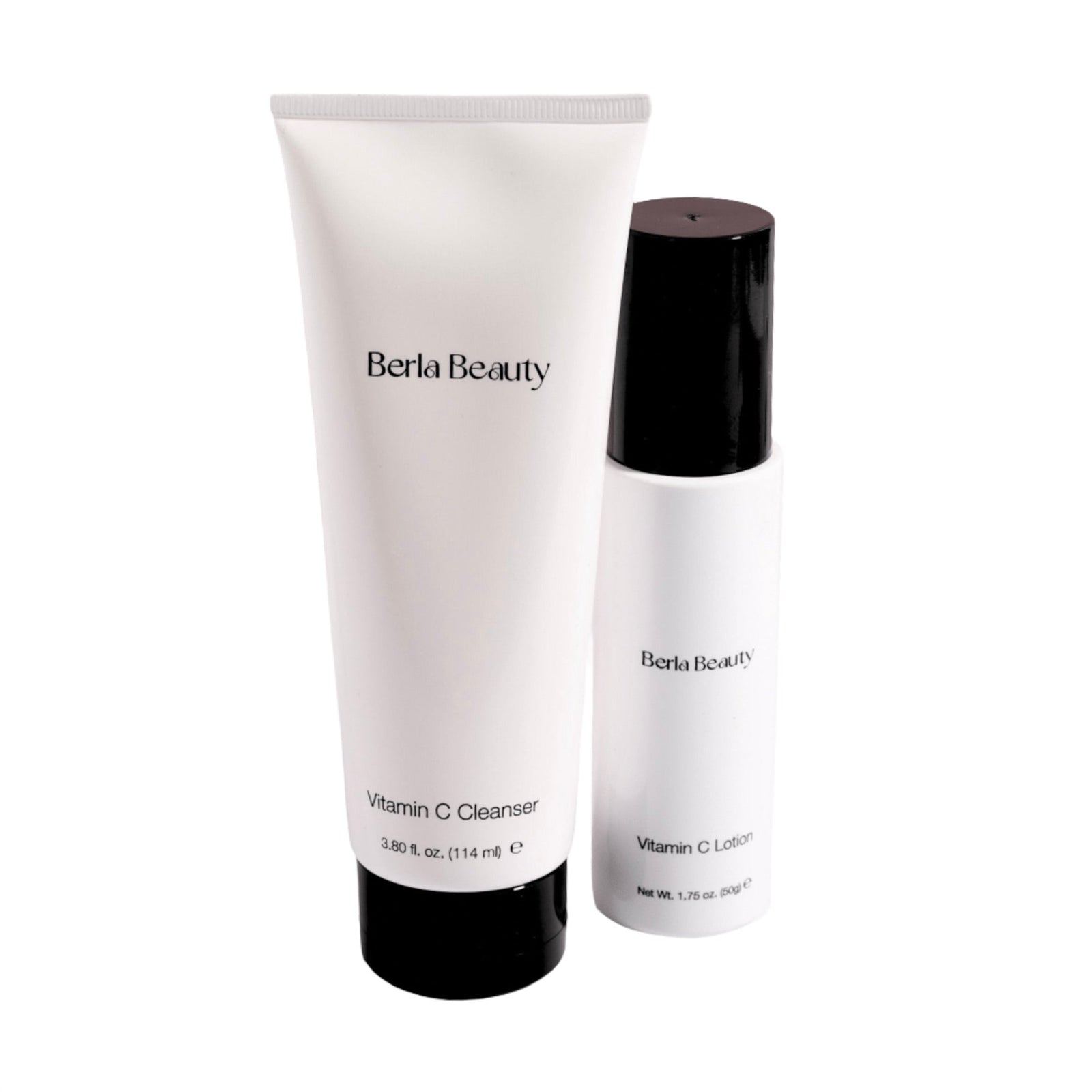 A white tube labeled "Berla Beauty Vitamin C Cleanser" stands next to a white bottle with a black cap labeled "Berla Beauty Vitamin C Lotion." This "Vitamin C Brightening Duo: Cleanser & Lotion Set" by Berla Beauty is designed for brightening your skin tone and includes a 3.80 fl. oz (114 ml) cleanser and a 1.75 fl. oz (50 ml) lotion.