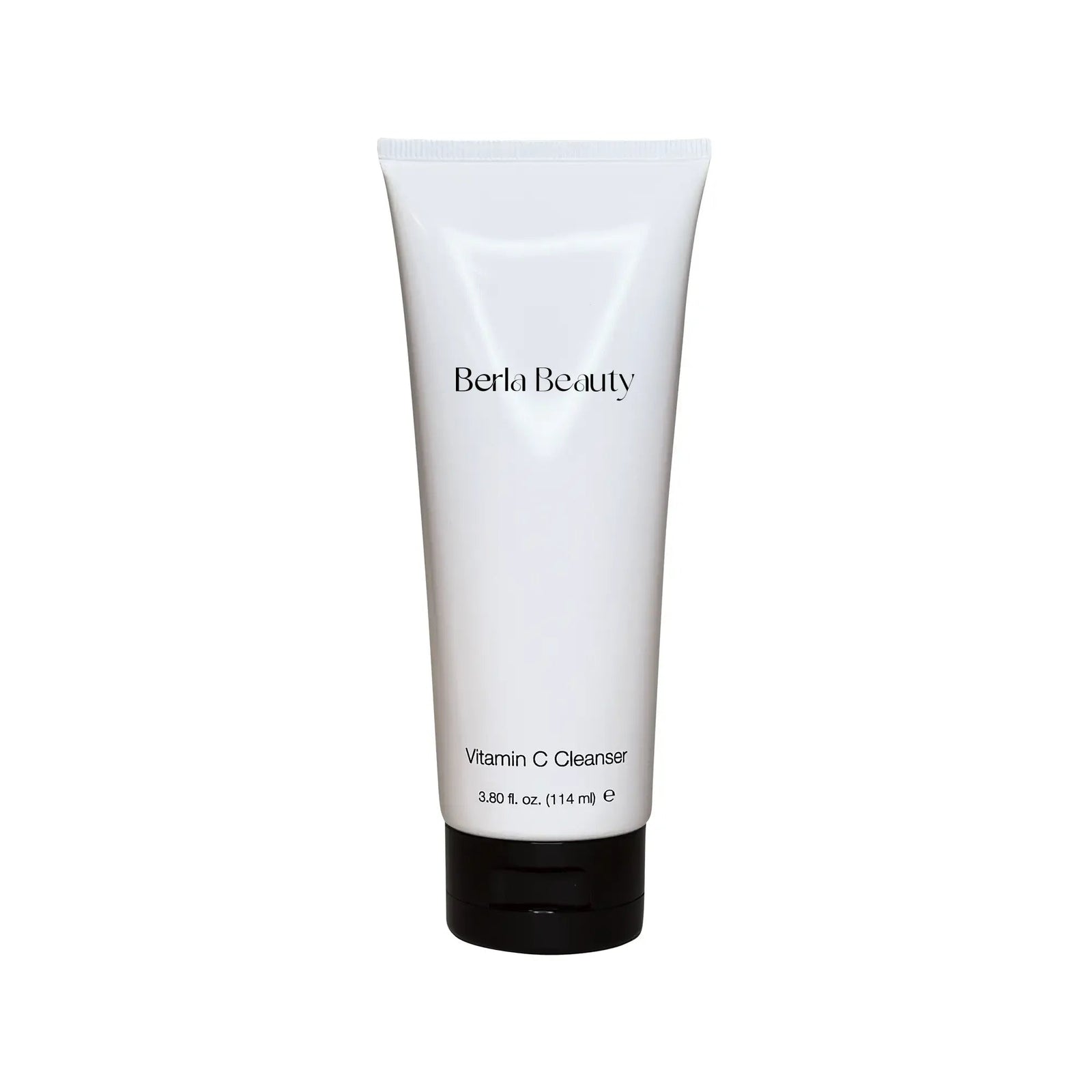 A white tube labeled "Vitamin C Cleanser" by Berla Beauty contains a formulation that brightens skin and supports collagen production. The tube features a black cap and holds 3.8 fl. oz. (114 ml) of product, set against a simple background with neutral colors.